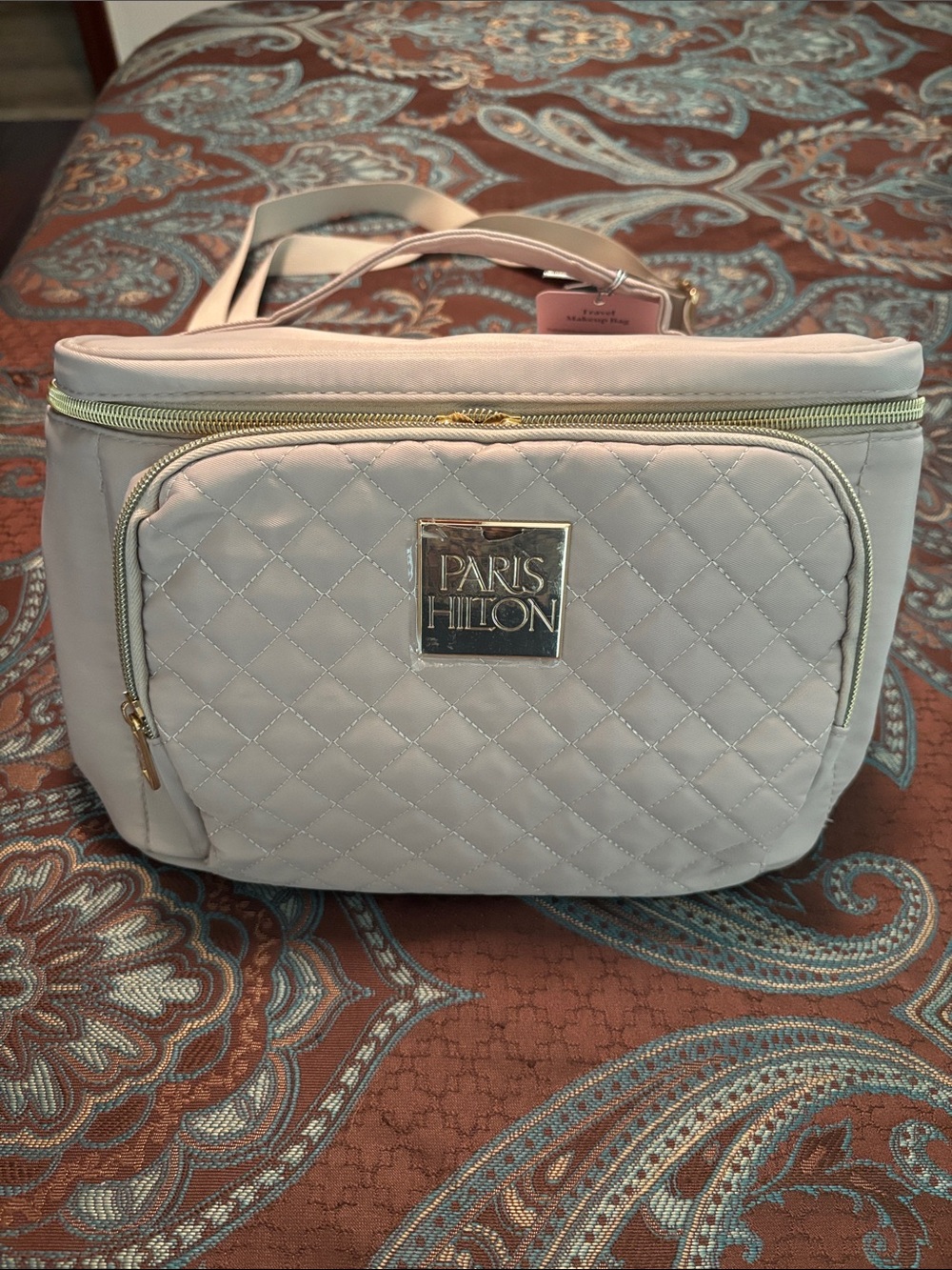 Paris Hilton Quilted Cream Cosmetic Crossbody with Gold Accents